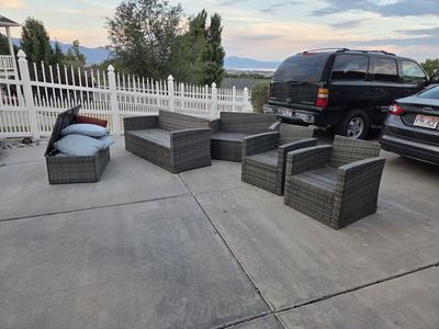 Gray Wicker Patio Conversation Set - Sofa, Loveseat, 2 Chairs, Storage Box