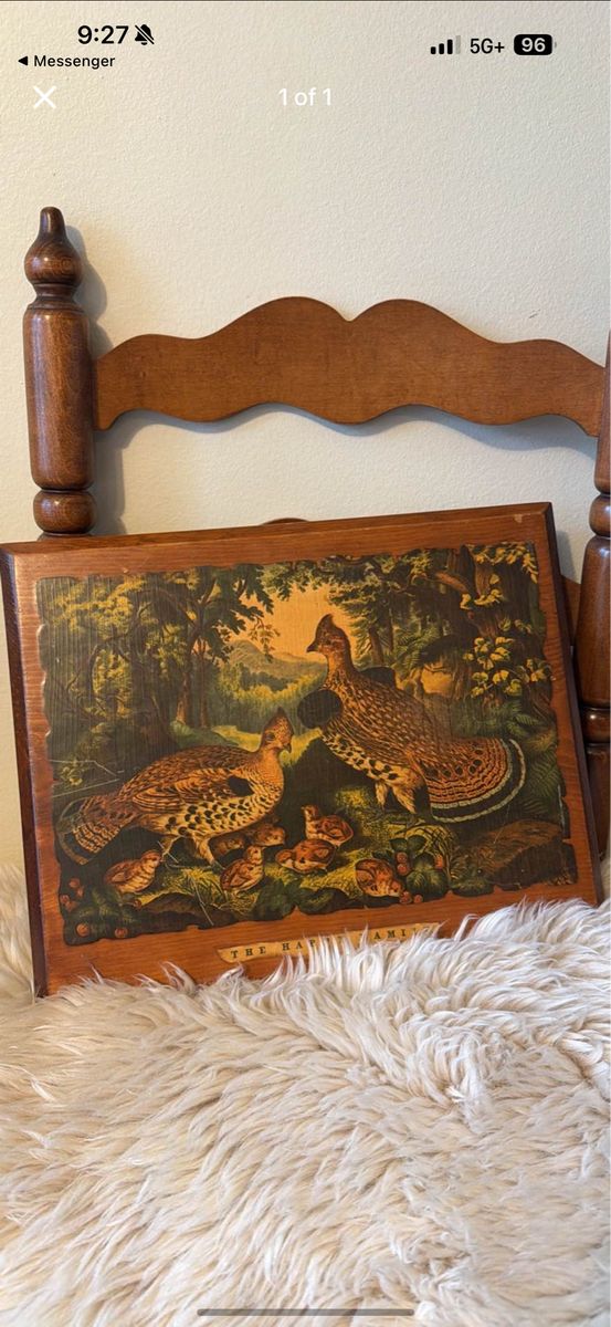 Vintage Currier & Ives "The Happy Family" Wood Plaque Wall Art - grouse Scene
