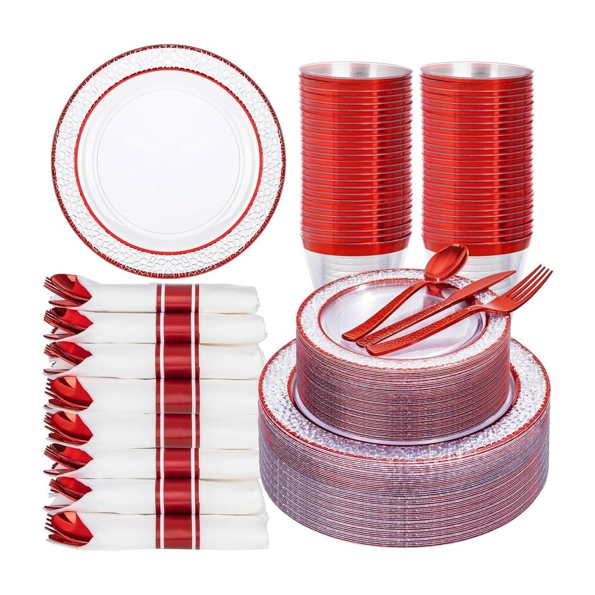 125-Piece Red & Gold Rim Disposable Dinnerware Set - Plates, Utensils, Cups, Napkins for Parties