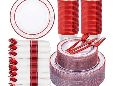 125-Piece Red & Gold Rim Disposable Dinnerware Set - Plates, Utensils, Cups, Napkins for Parties