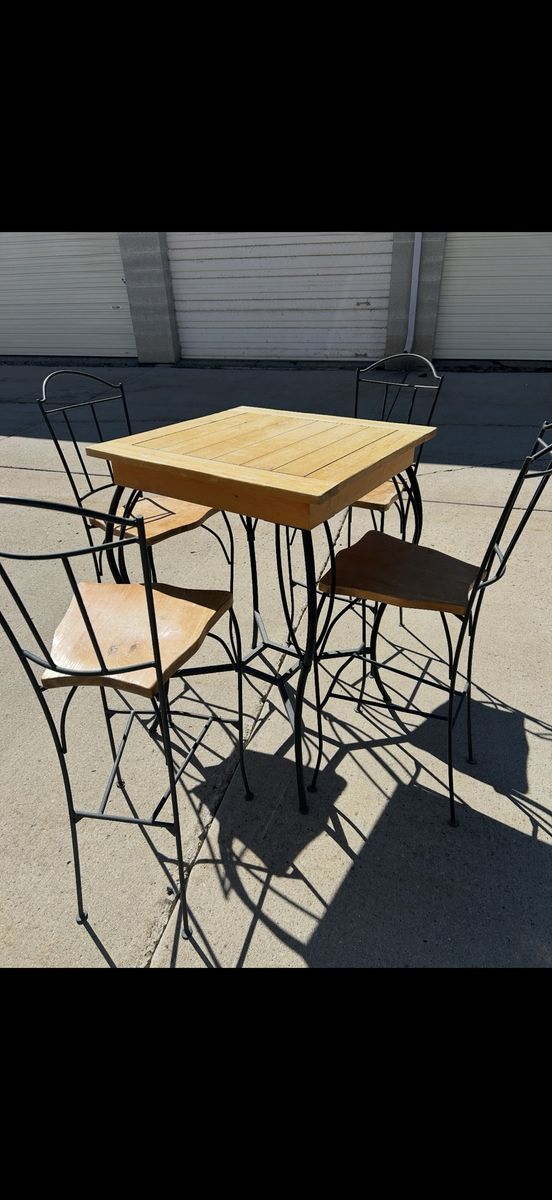 5-piece iron and wood high top table and chairs