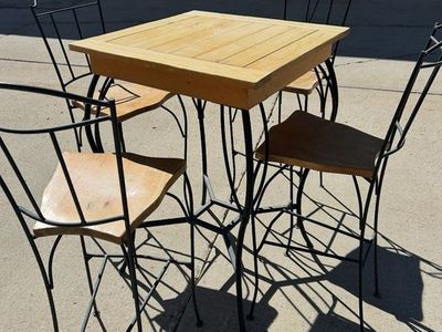5-piece iron and wood high top table and chairs