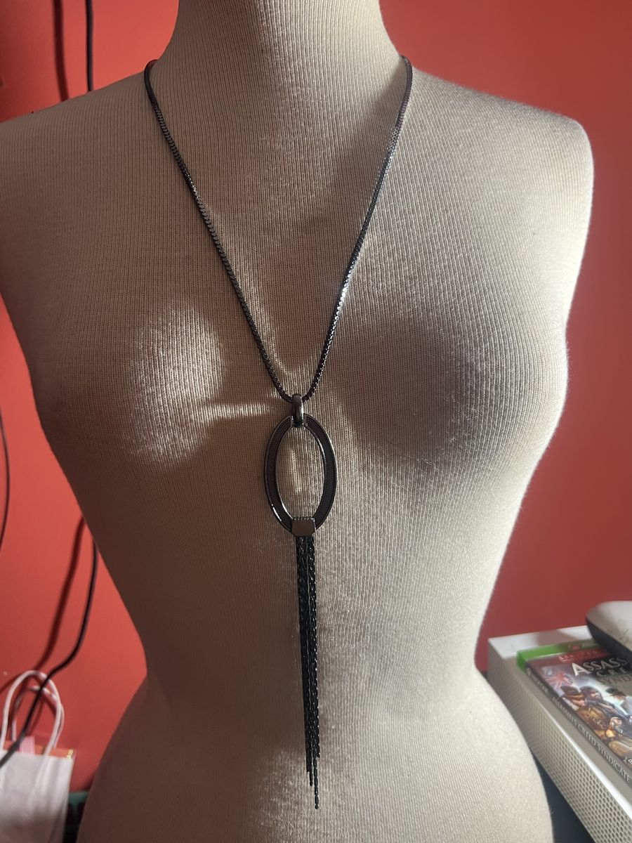 Fashion Black Tone Oval Pendant Necklace with Tassel Detail