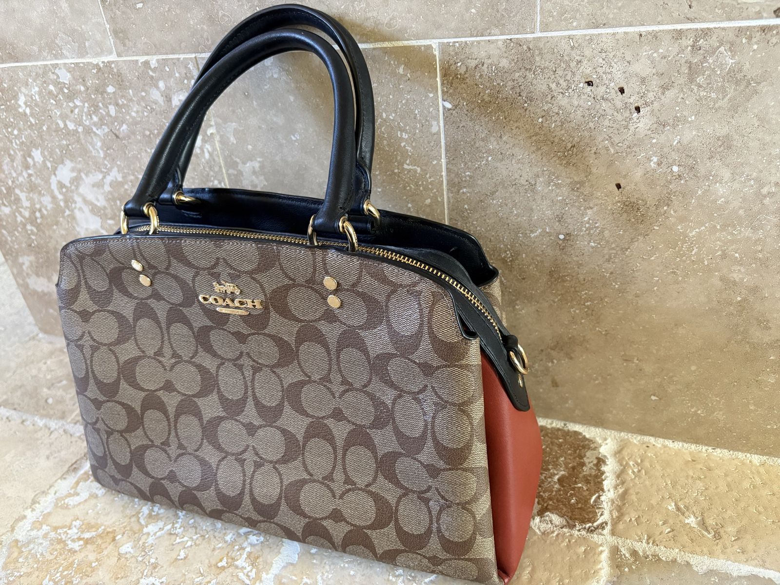 Coach Lillie Carryall Bag w/Colorblock Rust Orange