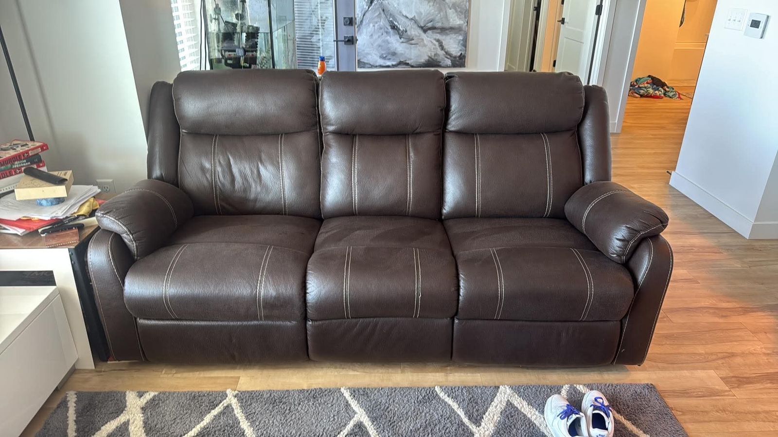 Reclining Brown Faux Leather Sofa with Armrest Console & Cupholders