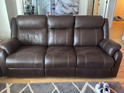 Reclining Brown Faux Leather Sofa with Armrest Console & Cupholders
