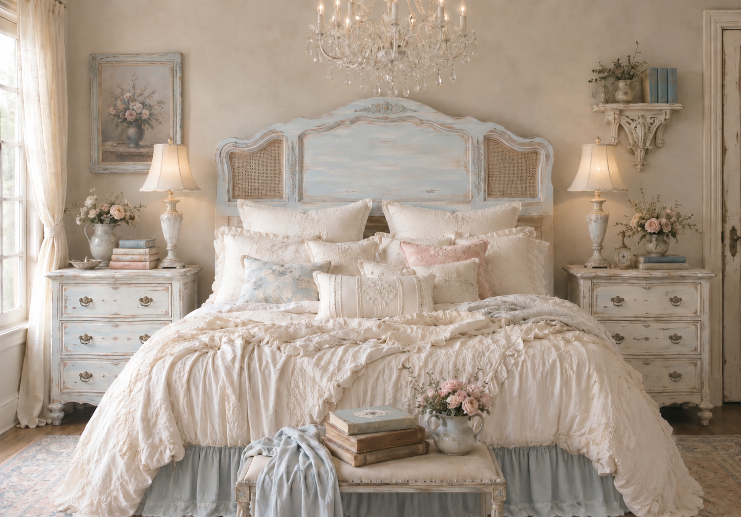 Monet French King Headboard With Metal Bed Frame Cottagecore European Farmhouse Shabby Chic Caning