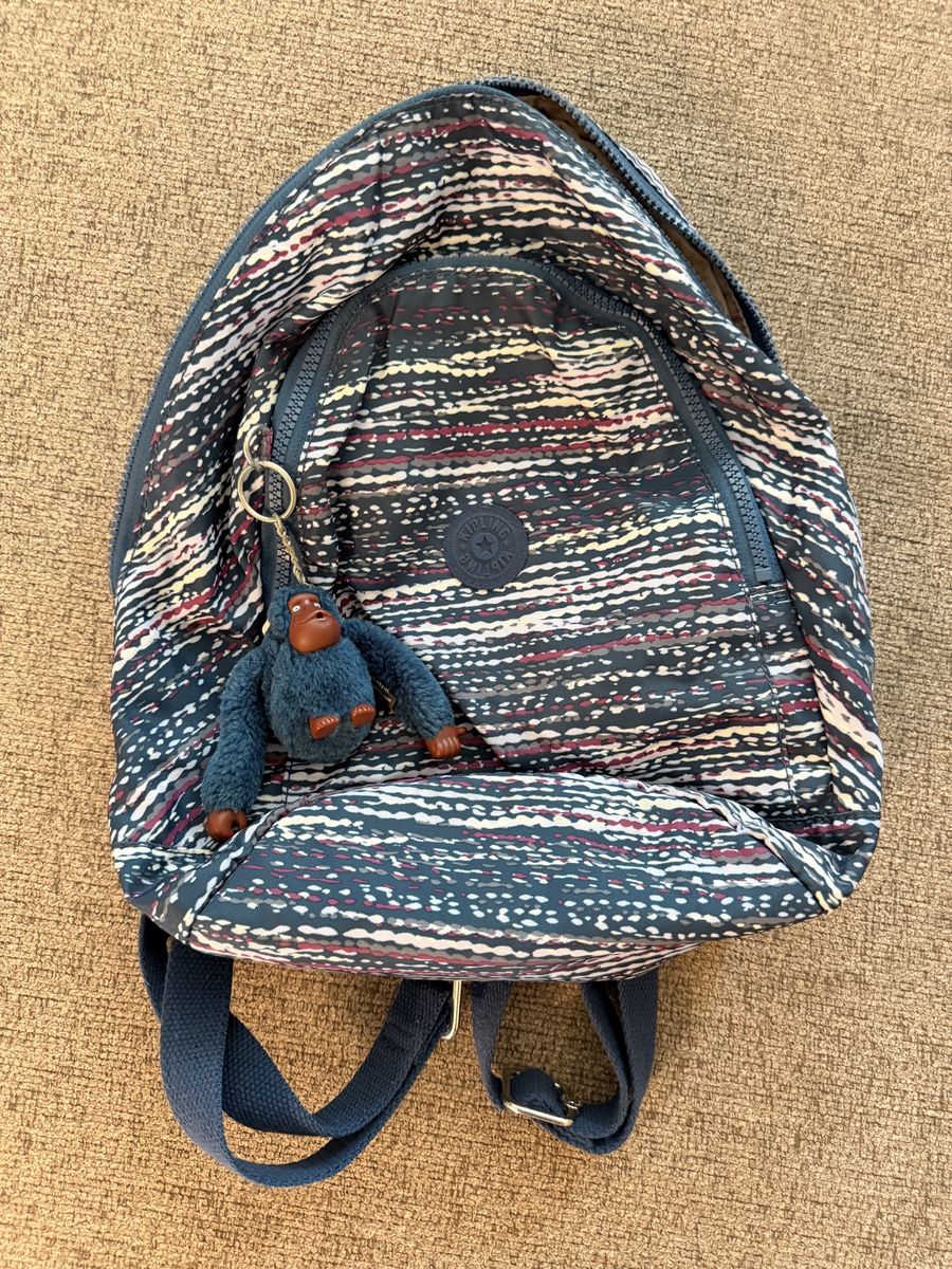 Kipling Small Patterned Nylon Backpack with Monkey Keychain Blue Multi Print