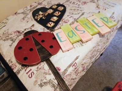 Set of 3 Wooden Seasonal Decor Signs Easter 4th of July Ladybug Yard Stake