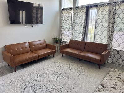 Set of 2 Nola Modern Futon, Camel Faux Leather