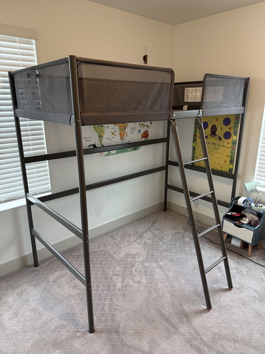 Metal Loft Bed with Mesh Safety Rails and Integrated Ladder - Ikea Tuffing - Twin