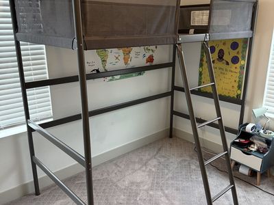 Metal Loft Bed with Mesh Safety Rails and Integrated Ladder - Ikea Tuffing - Twin