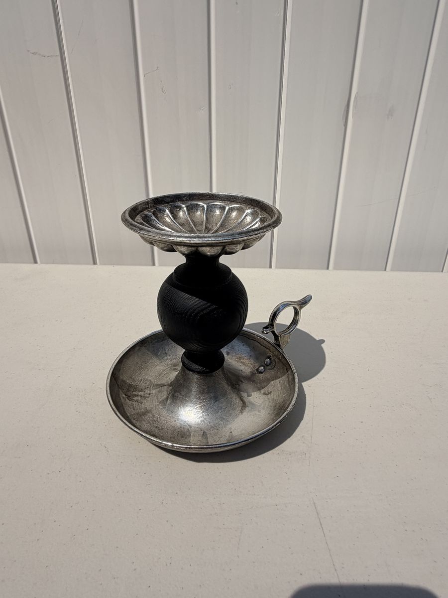 Vintage Metal and Dark Wood Chamberstick Candle Holder with Side Handle