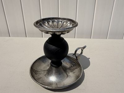 Vintage Metal and Dark Wood Chamberstick Candle Holder with Side Handle