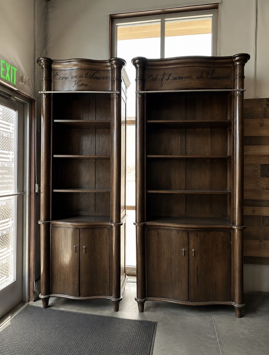 Custom Solid Wood Display Cabinets / Bookcases – 8–9 Ft Tall – Matching Pair