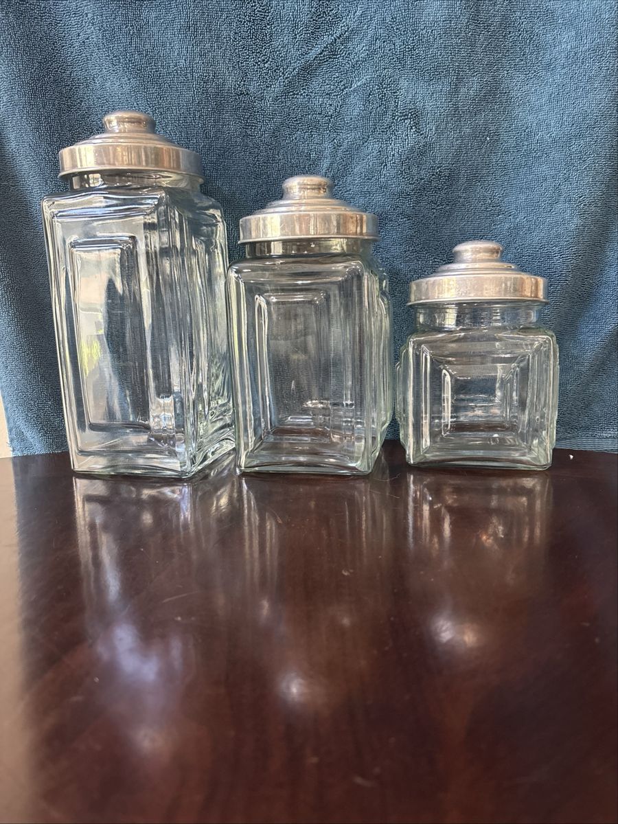 Vintage Clear Glass Canister Jars with Metal Lids - Set of 3 Square Storage Containers