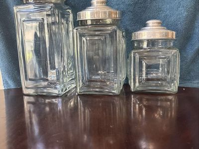 Vintage Clear Glass Canister Jars with Metal Lids - Set of 3 Square Storage Containers