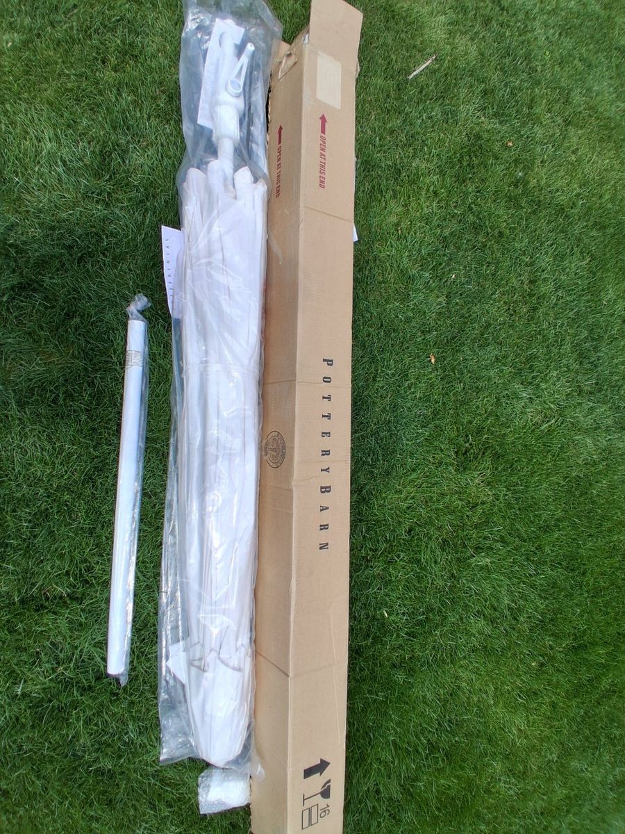 Pottery Barn 9ft. Round Market Umbrella Aluminum White Pole Natural Sunbrella.