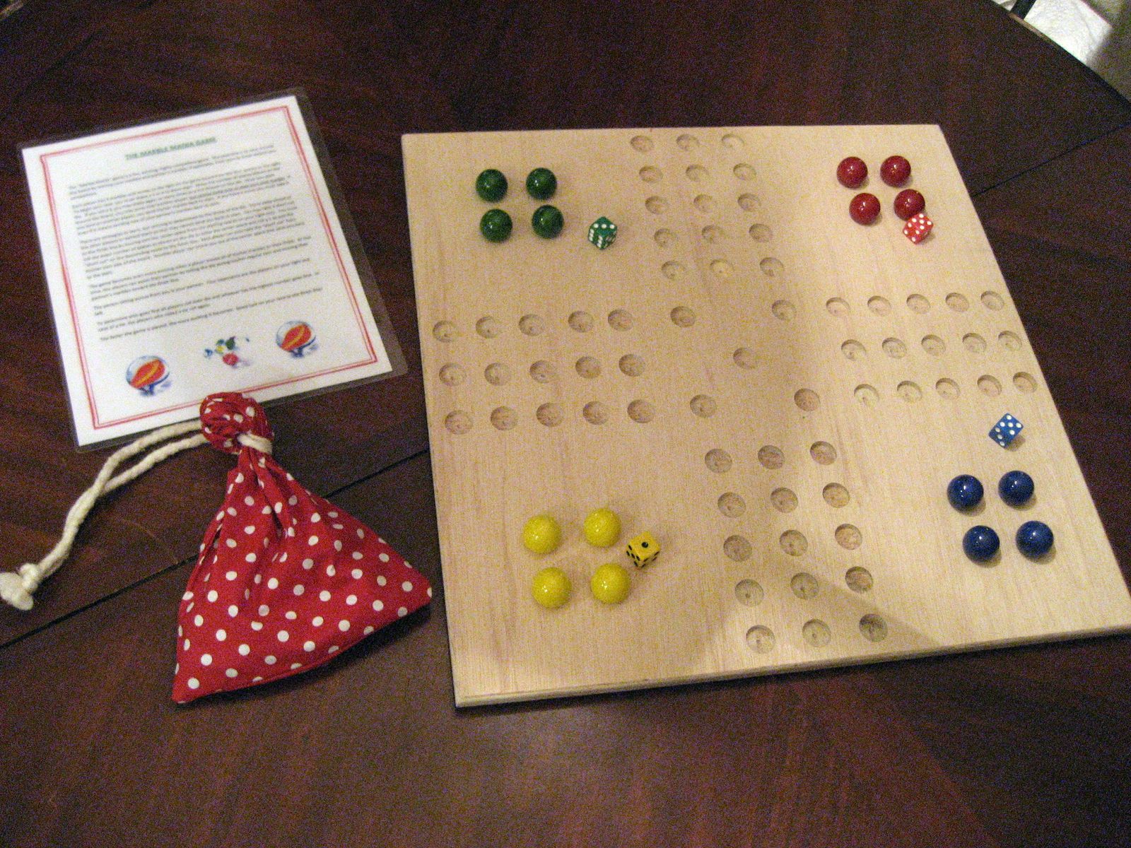Hand Crafted "The Marble Murder Game" Plywood, marbles, dice, bag, Instruction