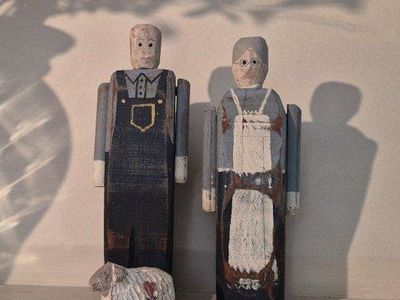 Hand-Carved Wooden Amish-Style Couple Figurine Set with Sheep - Folk Art Decor