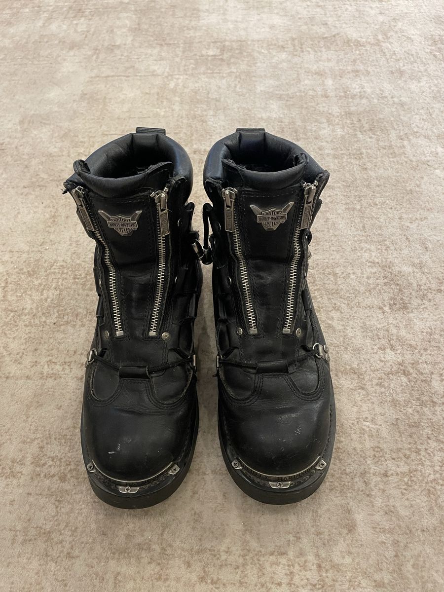 Harley Davidson Black Leather Motorcycle Boots - Size 10 with Zippers & Metal Embellishments