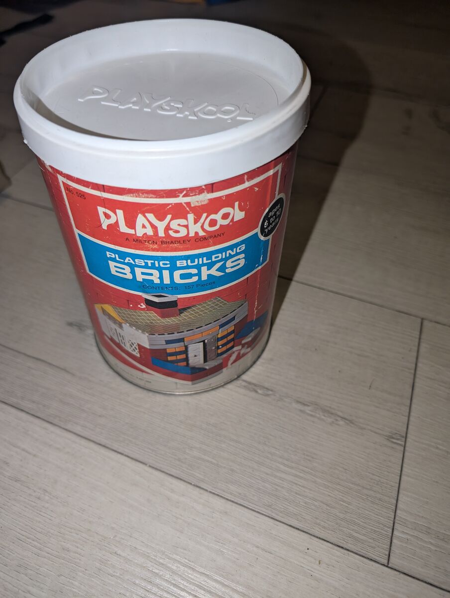 Vintage 1970 Playskool Plastic Building Bricks in Container