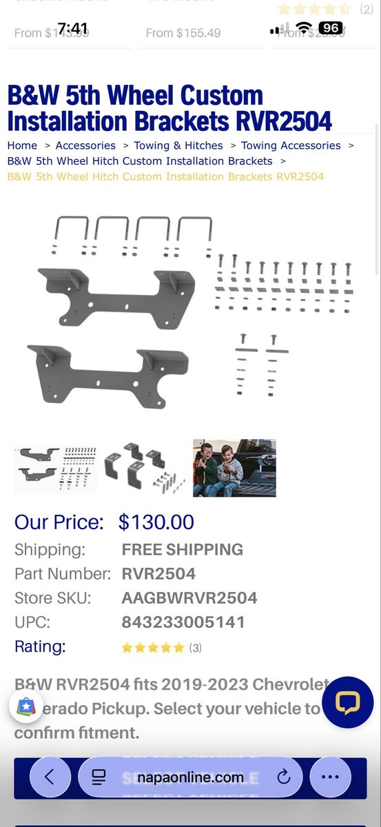 B&W RVR2504 5th Wheel Custom Installation Brackets for 2019-2023 Chevrolet/GMC truck