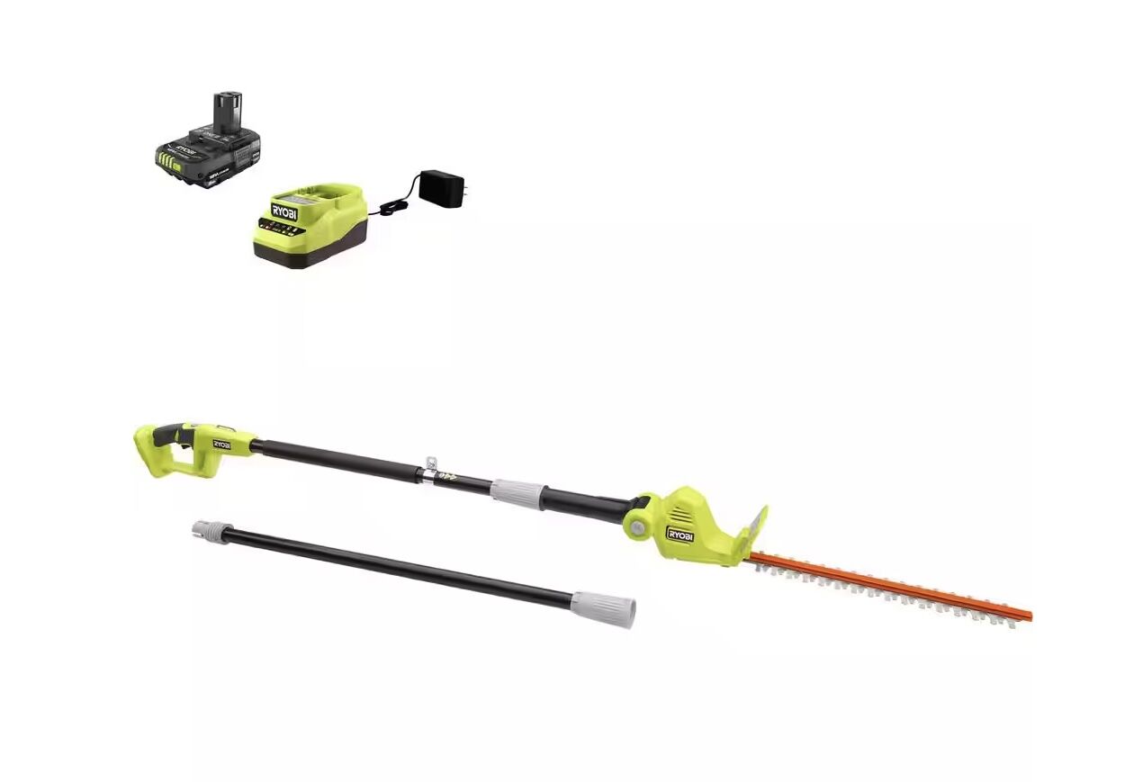 RYOBI ONE+ 18V 18 in. Cordless Battery Pole Hedge Trimmer with 2.0 Ah Battery and Charger