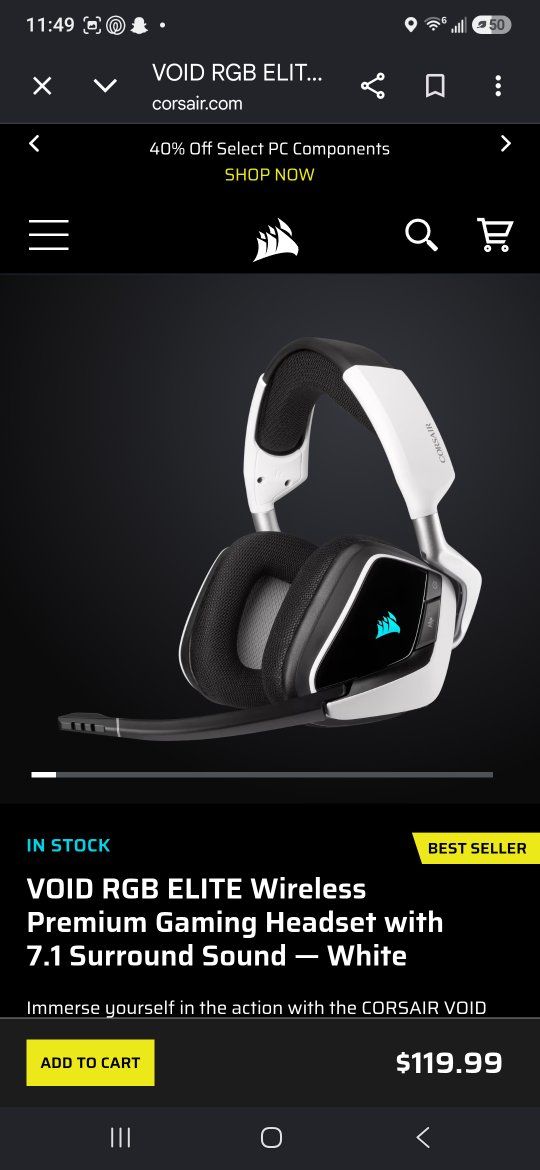 Corsair VOID RGB ELITE Wireless Premium Gaming Headset with 7.1 Surround Sound - White