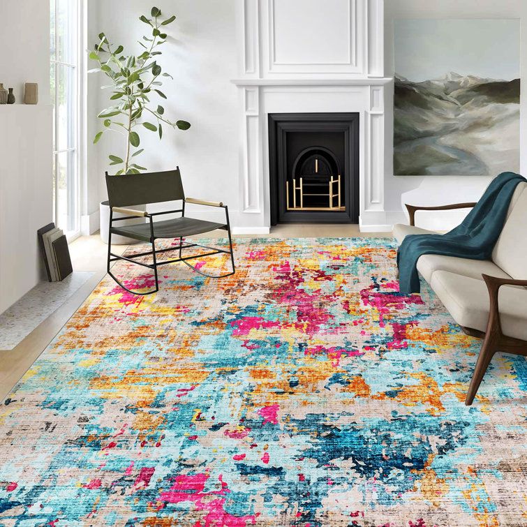 NEW 6x9 Modern Contemporary Abstract Area Rug-Vibrant Teal, Orange & Magenta