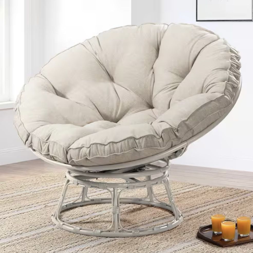 Wicker Outdoor Patio Swivel Papasan Lounge Chair with Beige Cushion