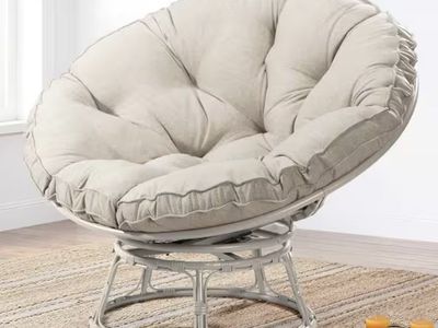 Wicker Outdoor Patio Swivel Papasan Lounge Chair with Beige Cushion