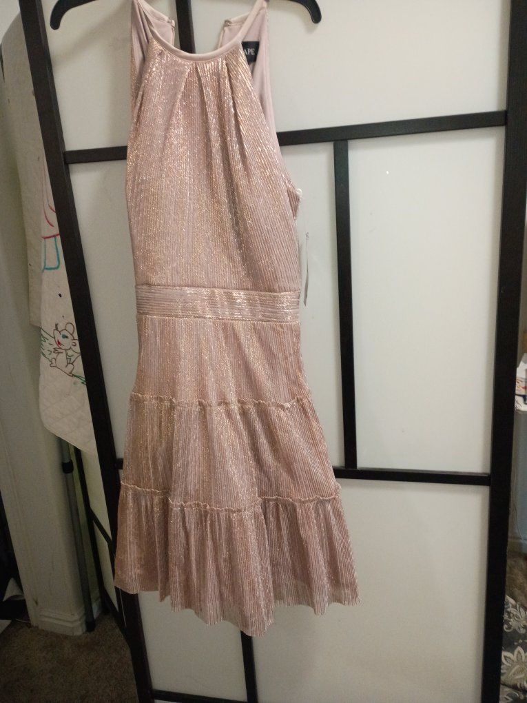 Metallic Rose Gold Halter Tiered Cocktail Dress Medium