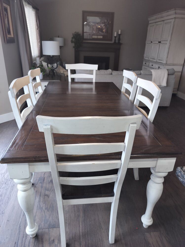 Solid Wood Farmhouse Table + 6 Chairs with Leaf