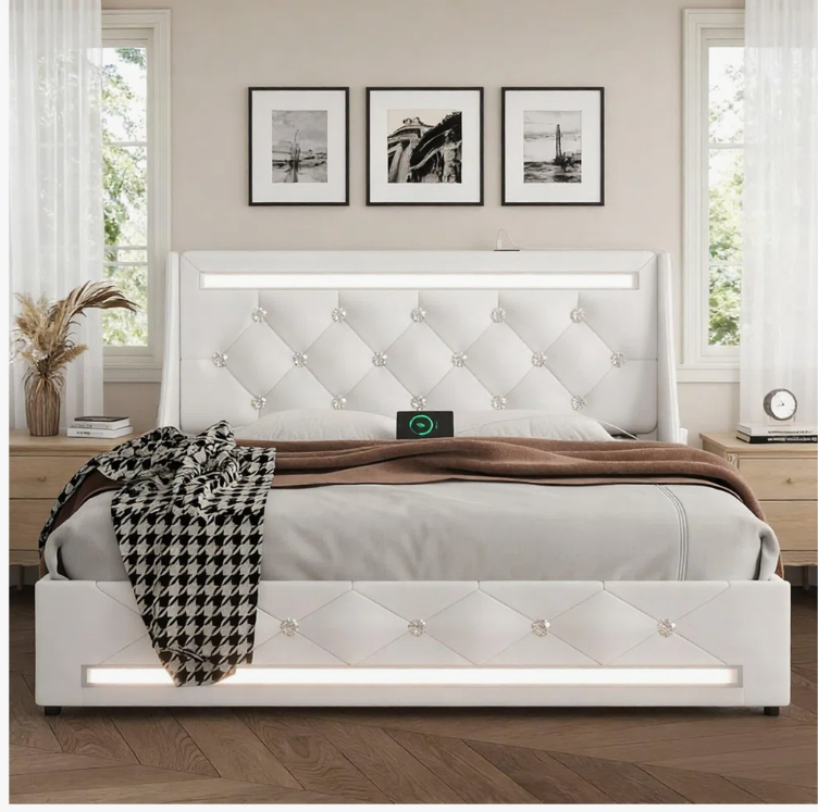 Queen PLATFORM Bed Frame Wingback Diamond Headboard Footboard, 4 Storage Drawers, LED Lights and Charging Station, WOOD Slats