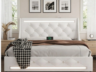 Queen PLATFORM Bed Frame Wingback Diamond Headboard Footboard, 4 Storage Drawers, LED Lights and Charging Station, WOOD Slats