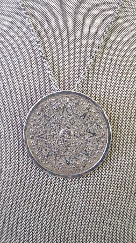 Vntg. LARGE 2" Sterling Silv MAYAN CALENDAR/BROOCH