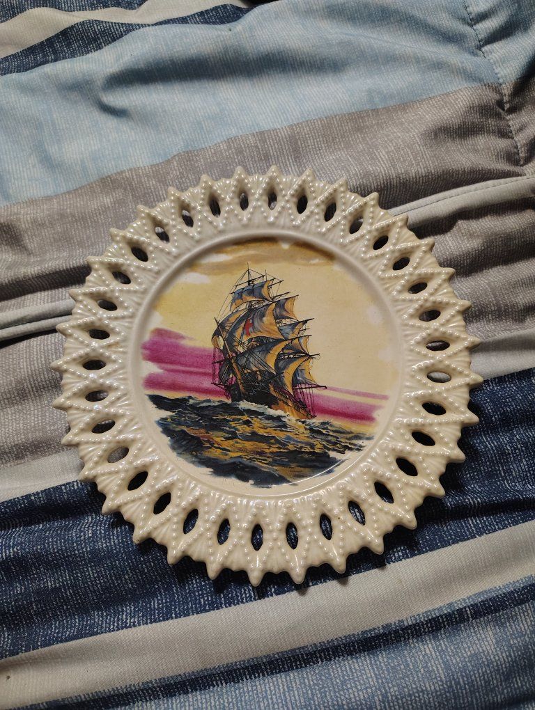 Vintage Decorative Porcelain Plate, Pierced Edge, Sailing Ship Art, Collector's Decor