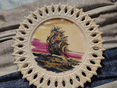 Vintage Decorative Porcelain Plate, Pierced Edge, Sailing Ship Art, Collector's Decor