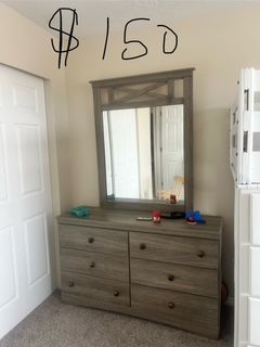 Twin head board, dresser mirror and nightstand