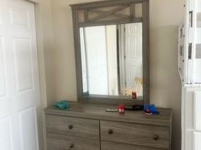 Twin head board, dresser mirror and nightstand
