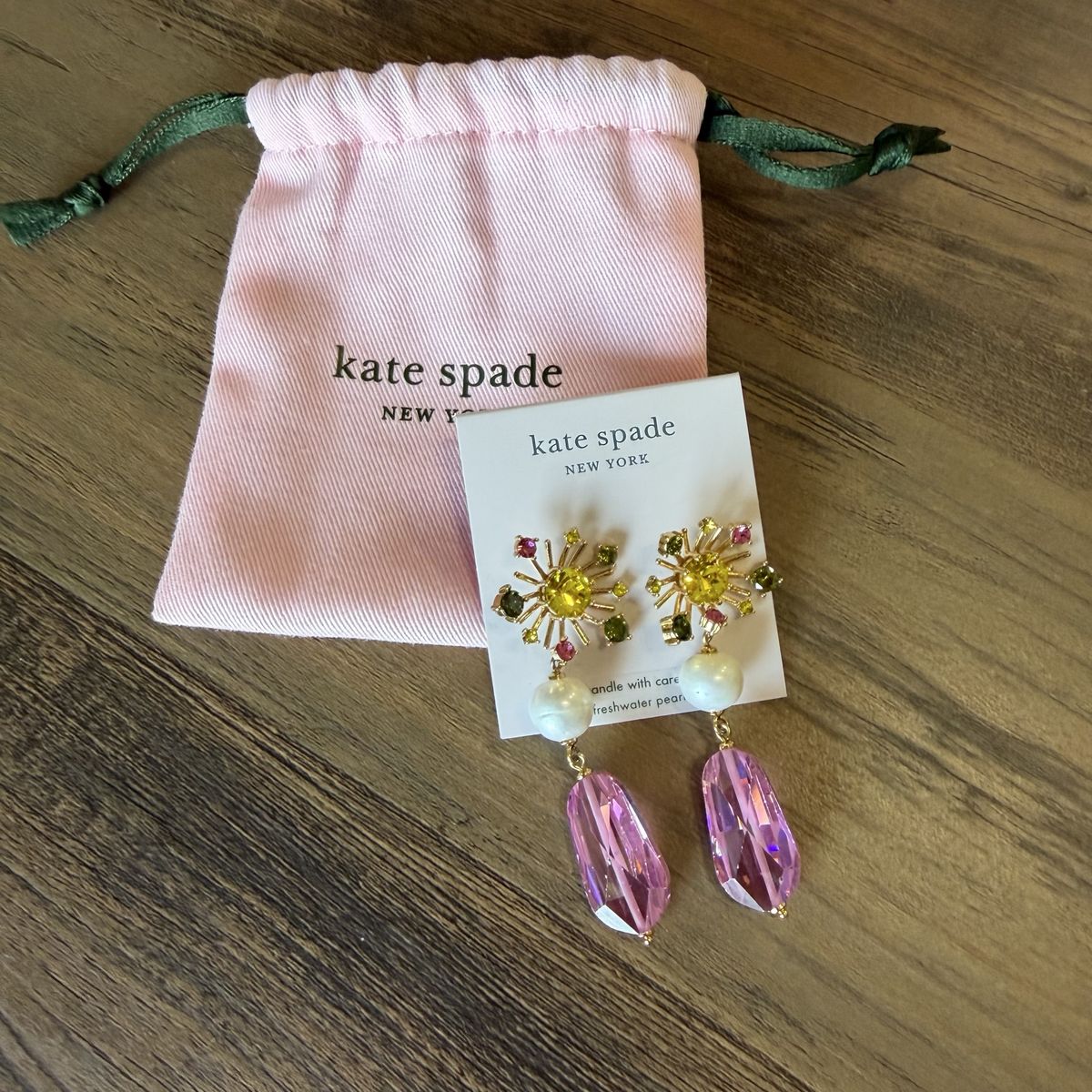 Kate Spade New York Shimmer and Shine Drop Earrings with Freshwater Pearls, Pink Crystals new with Tags $178