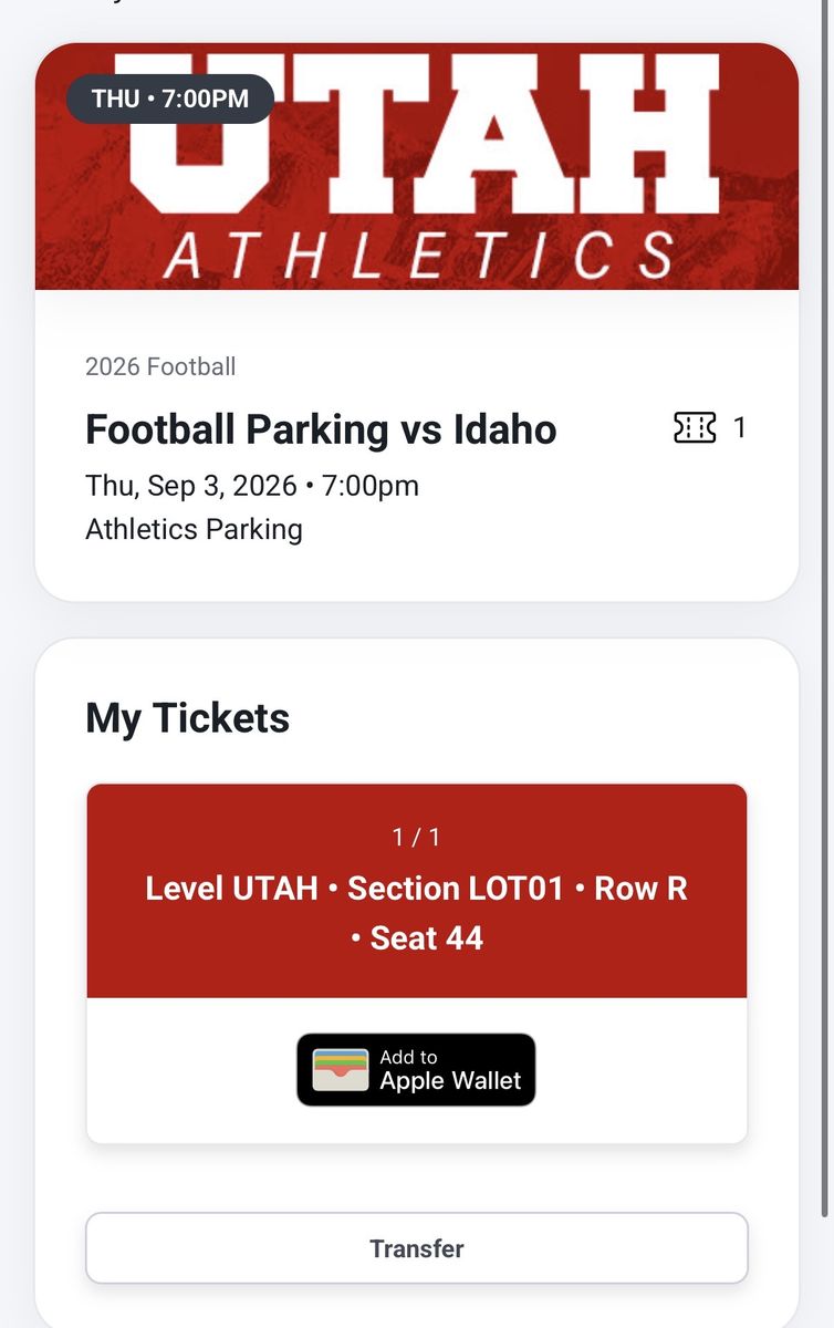 Utah vs Idaho Football Parking Pass - Lot 1 (Signature Lot)