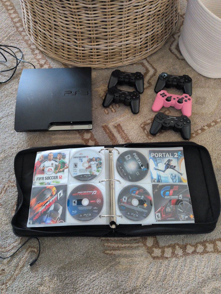 Sony PlayStation 3 PS3 Console Bundle with 5 Controllers & 6 Games (FIFA, Portal, Gran Turismo)