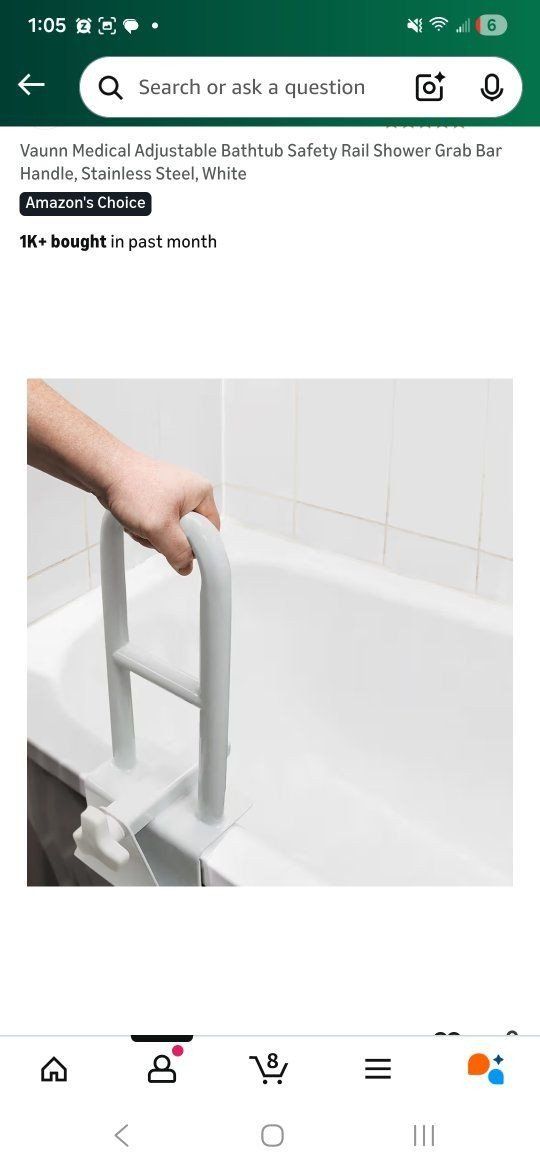 Vaunn Medical Adjustable Bathtub Safety Rail Shower Grab Bar Handle, Stainless Steel, White, 3"-7" Adjustable Clamp 400# weight