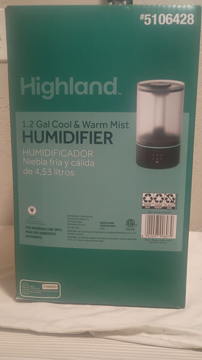 NEW Highland 1.2 Gal Cool & Warm Mist Tabletop Humidifier 600 Sq Ft 5106428
