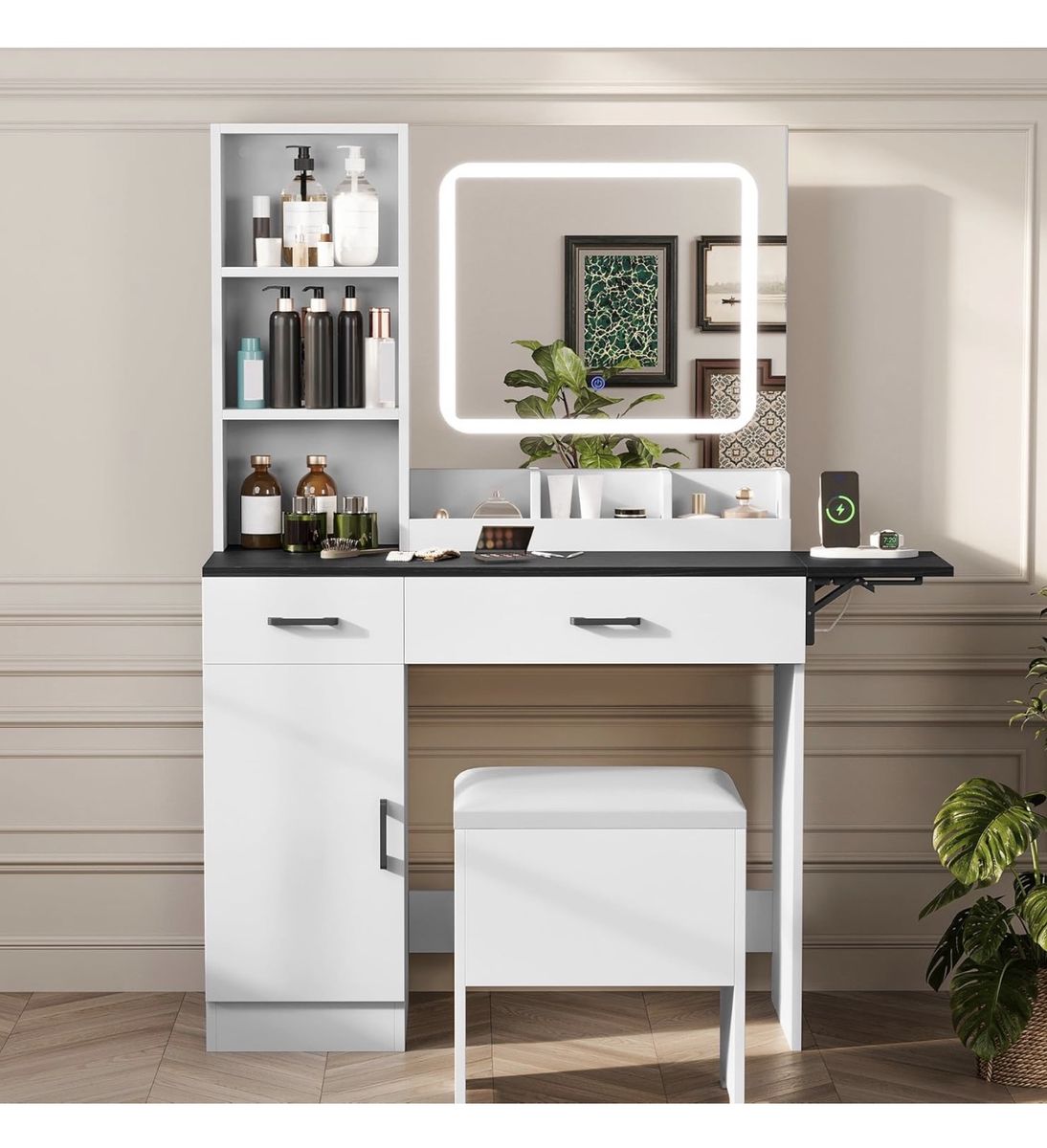 Farmhouse Makeup Vanity Desk with Mirror and Lights, Vanity Desk Table Set