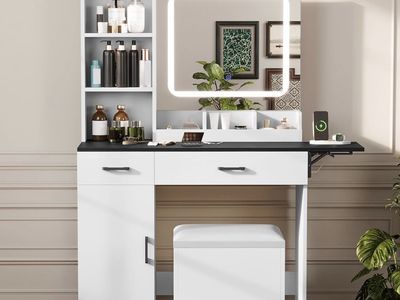 Farmhouse Makeup Vanity Desk with Mirror and Lights, Vanity Desk Table Set