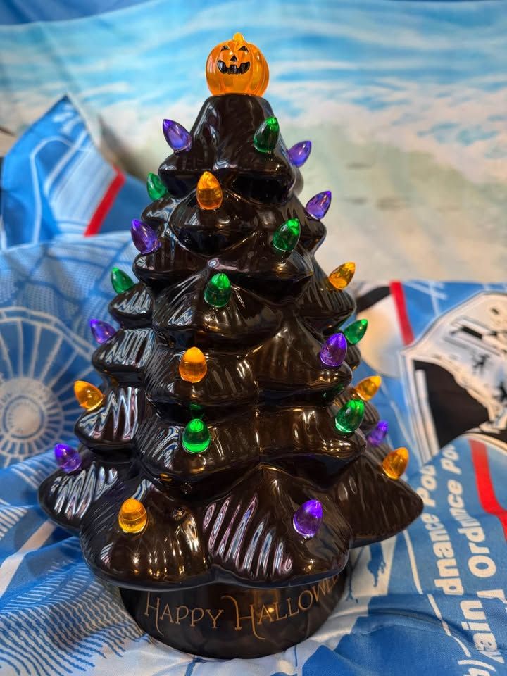  12" Ceramic Halloween Tree with Pumpkin Topper and Multicolored Lights