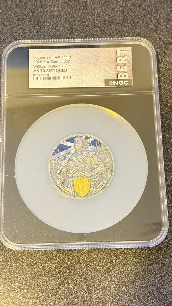 2026 Samoa 2oz Silver S$2 William Wallace Gilt MS 70 Antiqued NGC